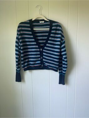 American Vintage Navy Striped V-Neck Cardigan with Blue and Coral Accents